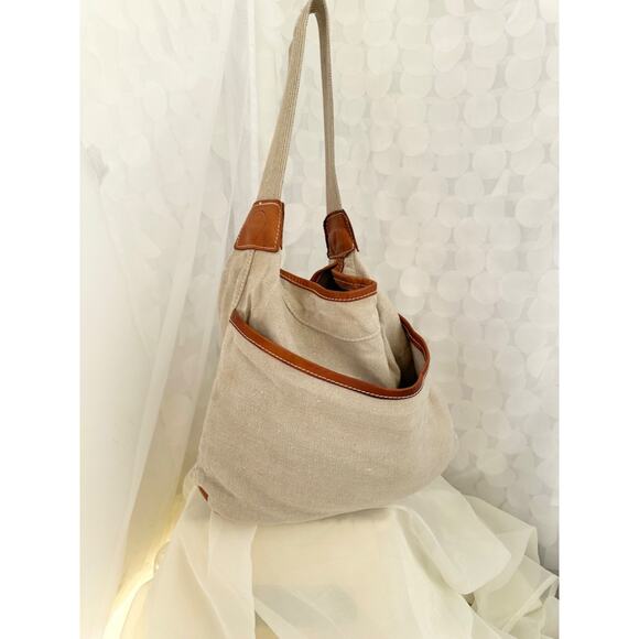 TERRA PAX Large Linen HEMP Slouchy Shoulder Bag Beige Leather Trim Sustainable - Picture 1 of 9